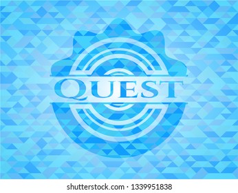 Quest realistic light blue emblem. Mosaic background