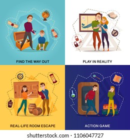 Quest in reality cartoon design concept, room escape, find way out, action game isolated vector illustration