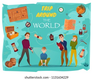 Quest In Reality Cartoon Poster With Human Characters, Game Elements, World Map On Turquoise Background Vector Illustration