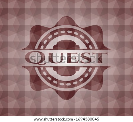 Quest red seamless emblem or badge with abstract geometric polygonal pattern background.