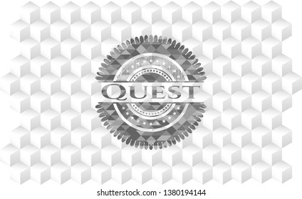 Quest retro style grey emblem with geometric cube white background