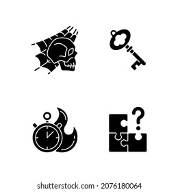 Quest room black glyph icons set white space  Skull and spider web  Find missing part  Part mystery quest  Isolated vector illustrations  Puzzle solving simple filled line drawings collection