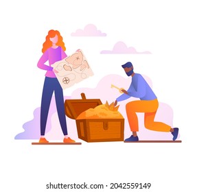 Quest room concept. Woman holds card in her hands, and man opens treasure chest with help of found key. Friends solve puzzles. Cartoon modern flat vector illustration isolated on white background