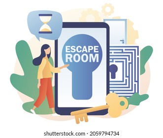 Quest room. Escape room smartphone app. Tiny girl trying to solve puzzles, find key, gettout of trap, finding conundrum solution. Exit maze. Modern flat cartoon style. Vector illustration