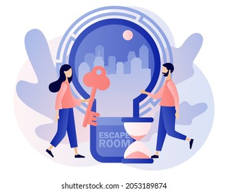 Quest room. Escape room. Tiny people trying to solve puzzles, find key, gettout of trap, finding conundrum solution. Exit maze. Modern flat cartoon style. Vector illustration on white background