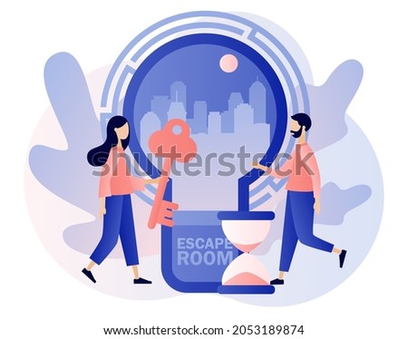 Quest room. Escape room. Tiny people trying to solve puzzles, find key, gettout of trap, finding conundrum solution. Exit maze. Modern flat cartoon style. Vector illustration on white background
