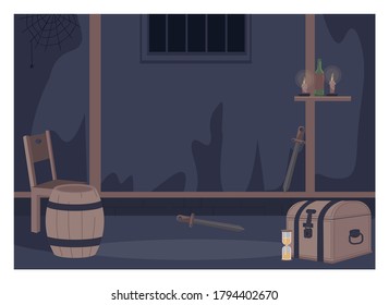 Quest Room Flat Color Vector Illustration. Live Action Role Playing Furniture. Fantasy Chamber With Barrel And Chest. Dark Fantasy Dungeon 2D Cartoon Interior With Wall On Background