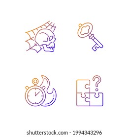 Quest room gradient linear vector icons set. Skull with spider web. Find missing part. Clues for riddles. Isolated vector illustrations. Puzzle solving simple filled line drawings collection