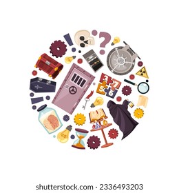 quest room items for mind games circle shaped. question signs keys, scary characters, quest room doors, items. vector cartoon items background - Shutterstock ID 2336493203