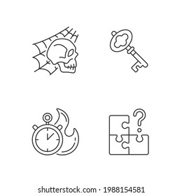 Quest room linear icons set  Skull and spider web  Find missing part  Clues for riddles  Part mystery quest  Isolated vector illustrations  Puzzle solving simple filled line drawings collection