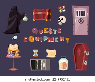 quest room. mind game escape from room with secret keys. Vector cartoon set chest tomb skull and map