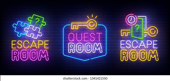 Quest Room neon logo. Escape Room label and emblem. Neon sign, isolated sticker, bright signboard, light banner. Vector illustration