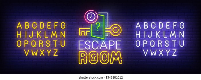 Quest Room neon sign, bright signboard, light banner. Escape Room logo, emblem and label. Neon sign creator. Neon text edit