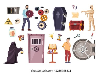 quest room. scary characters questions with secret keys for mind games. Vector cartoon illustrations