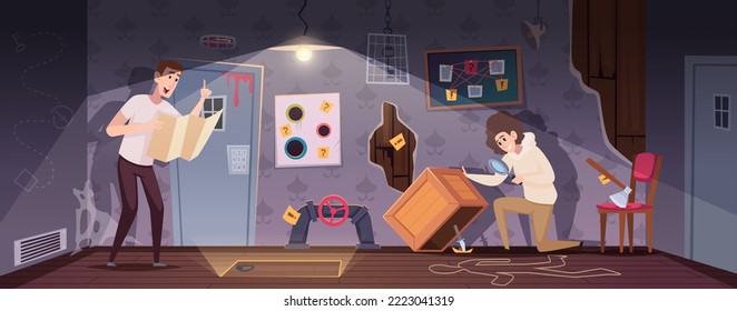 Quest rooms. Playground interior with questions and riddles puzzles and secrets exact vector cartoon background - Shutterstock ID 2223041319