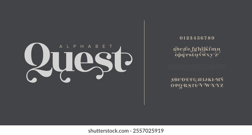 Quest typography beauty fashion elegant minimalist serif italic fonts decorative wedding vintage retro logos. Minimal luxury font alphabet logo. Vector illustration