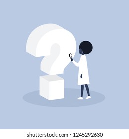 Question 3D sign. Young black female character looking through the magnifying glass / flat editable vector illustration, clip art
