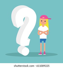 Question 3D sign. Young character asking a question / flat editable vector illustration, clip art