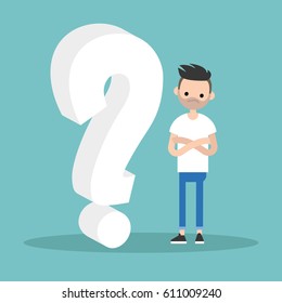 Question 3D sign. Young character asking a question / flat editable vector illustration, clip art