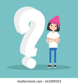 Question 3D sign. Young character asking a question / flat editable vector illustration, clip art