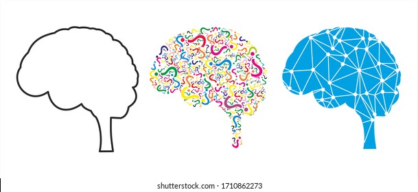 Question abstract icon. Human head, brain and question marks. Colorful flat design element.