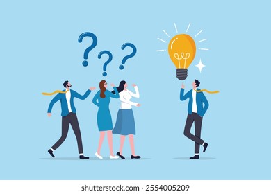 Question answer, advice or suggestion, solving problem with solution, q and a or faq, quiz or solution discovery, information guidance concept, businessman offer solution for people question marks.