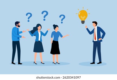 Question answer, advice or suggestion, solving problem with solution, q and a or faq, quiz or solution discovery, information guidance concept, businessman offer solution for people question marks.
