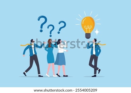 Question answer, advice or suggestion, solving problem with solution, q and a or faq, quiz or solution discovery, information guidance concept, businessman offer solution for people question marks.