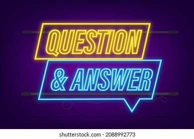 Banner de preguntas y respuestas. Icono de Neon. Pancarta de Megaphone. Diseño web. Ilustración de material vectorial