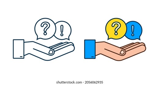 Question and Answer Bubble Chat hanging over hands on white background. Vector stock illustration.