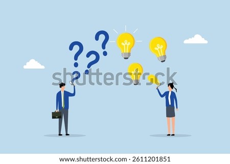 question and answer, business individuals featuring question mark and light bulb thought bubble.