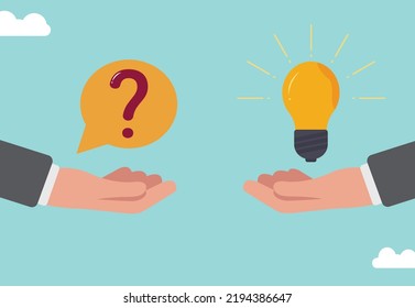 Question and answer, businessman hand holding question mark with other reply with lightbulb. solving problem or business solution.