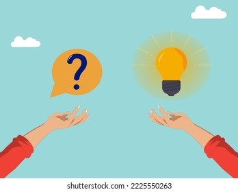Question and answer, businessman hand holding question mark with other reply with lightbulb. solving problem or business solution.