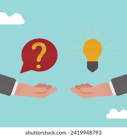 Question and answer, businessman hand holding question mark with other reply with lightbulb. solving problem or business solution