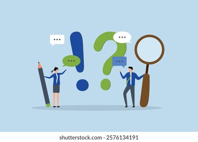 Question and answer, Businessman and woman with exclamation point, question mark in speech bubble dialogue. 