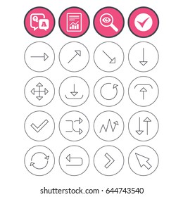 Question and answer, check tick and report signs. Arrows line icons. Download, upload, check or tick symbols. Refresh, fullscreen and shuffle thin outline signs. Q&A and investigate symbol. Vector