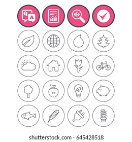 Question and answer, check tick and report signs. Nature and Eco icons. Trees, leaf and tulip or rose flower. Planet and water drop. Energy saving lamp, electric plug and house building. Vector
