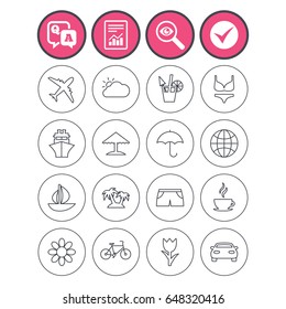 Question and answer, check tick and report signs. Travel icons. Ship, plane and car transport. Beach umbrella, palms and cocktail. Swimming trunks. Rose or tulip flower. Q&A and investigate symbol