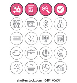 Question and answer, check tick and report signs. Money and business icons. Cash and cashless money. Usd, eur, gbp and jpy currency exchange. Presentation, calculator and shopping cart symbols