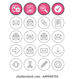 Question and answer, check tick and report signs. Mail services icons. Send mail, paper clip and download arrow symbols. Scissors, pencil and refresh thin outline signs. Vector
