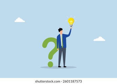 Question and answer, clever entrepreneur with a question mark symbol and lightbulb idea. 