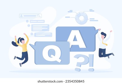 Question and answer concept. Big symbol letter “Q” and “A” represent question, answer. Business people survey, solve problems, analysis data, give opinions. Flat vector design illustration.