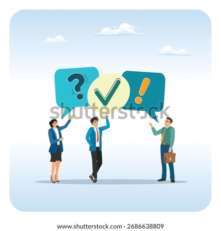 Question and answer concept. Business Team stand under a soft blue sky, lifting speech bubbles with a question, a green check, and an exclamation to symbolize decision making and clear communication.