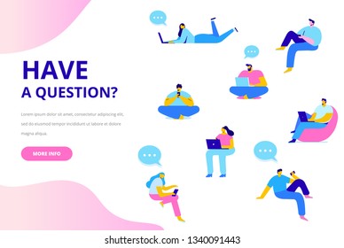 Question and answer concept illustration. People asking to support center.  Flat vector characters.