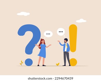 Question and answer concept. Q and A, FAQ, frequently asked questions. Brainstorm conversation or quiz. Discussion to get solution to solve problem. Businessman and woman ask and answer questions.