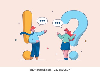 Question and answer concept. Q and A, FAQ, frequently asked questions. Brainstorm conversation or quiz. Discussion to get solution to solve problem. Businessman and woman ask and answer questions.