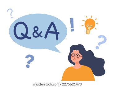 Question and answer concept vector illustration. Woman with lightbulb in flat design.