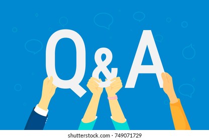 Question And Answer Concept Vector Illustration Of Happy People Showing Letters Q And A. Flat Human Hands Hold White Symbols On Blue Background