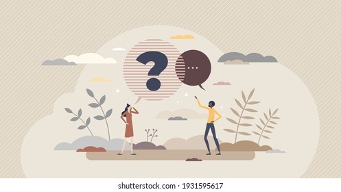 Question And Answer With Conversation Speech Dialog Bubble Tiny Person Concept. Clarify Unclear Topic With Discussion And Wise Reply Vector Illustration. Information Support Or Help Consultation Scene