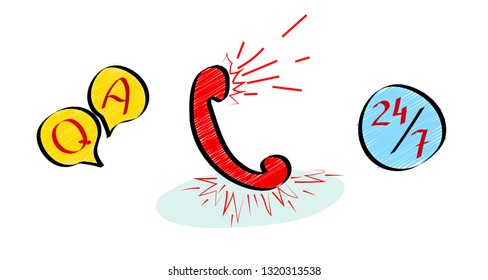 Question & Answer customer support 24/7 by phone. Hotline icons set in doodle style. Vector illustration.